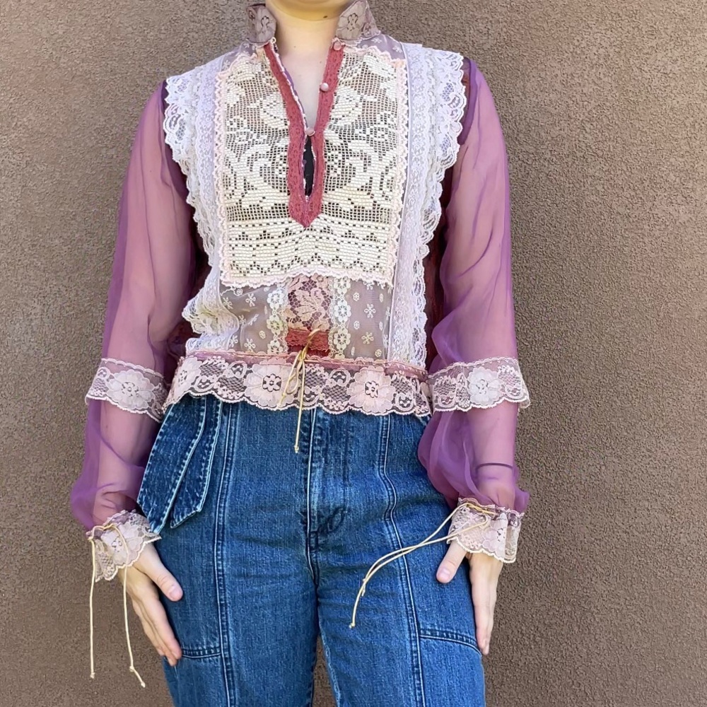 Lorrie Kabala | Vintage Elegant Pink Purple Sheer Lace Long-Sleeve Tunic Blouse